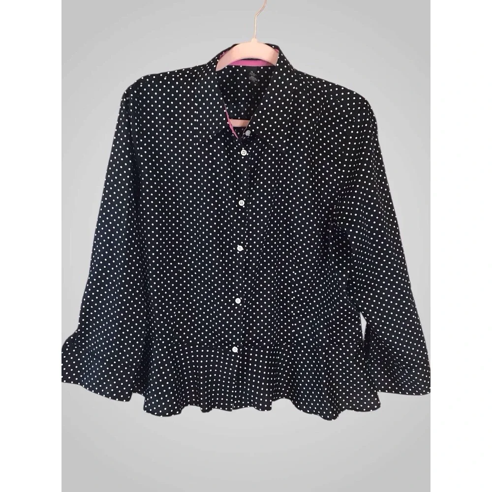 VTG Ralph Lauren Blouse Top Polka Black White‎ Dot 3/4 Sleeve Retro Preppy Sz 16